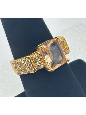 Emerald Cut Morganite and Cubic Zirconia Ring Vermeil Marked "S925", Size 8 or 9